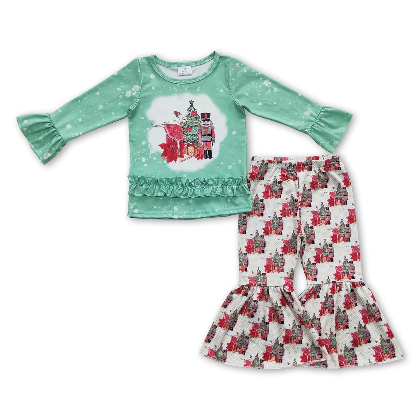 RTS NO MOQ Sibling milk silk Baby Girls Christmas Long Sleeve Top Bell Bottom Pants Clothes Set