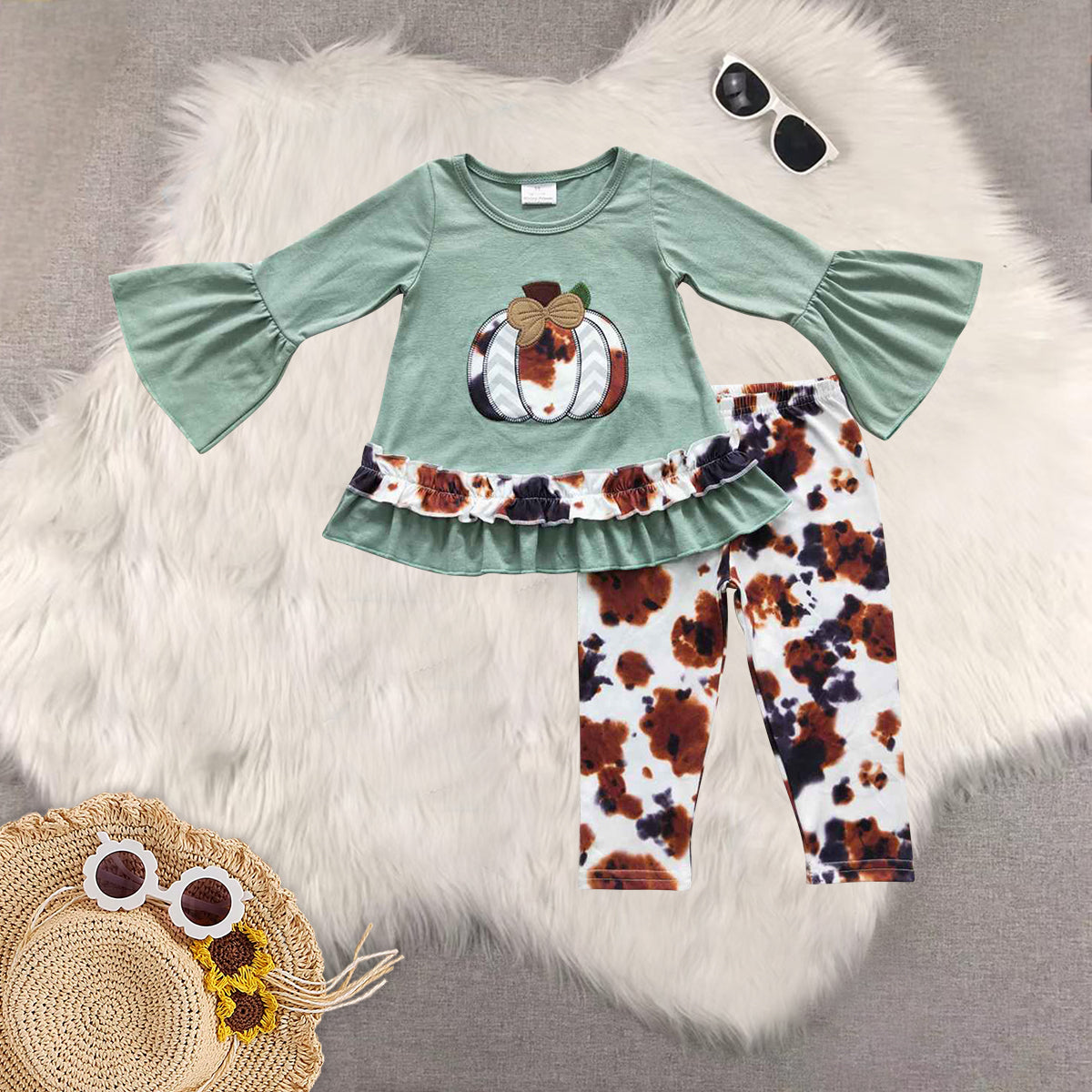 RTS NO MOQ Sibling Baby girls halloween pumpkin long-sleeved trousers suit & romper