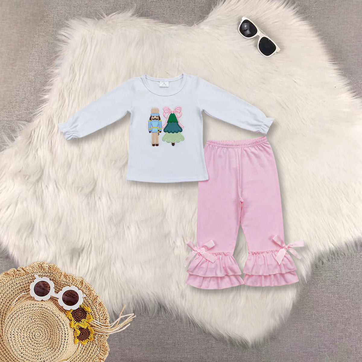 RTS NO MOQ Sibling baby boy girls clothes Embroidered Christmas Tree Pattern Boys and Girls Long Sleeve Suit and dress and romper