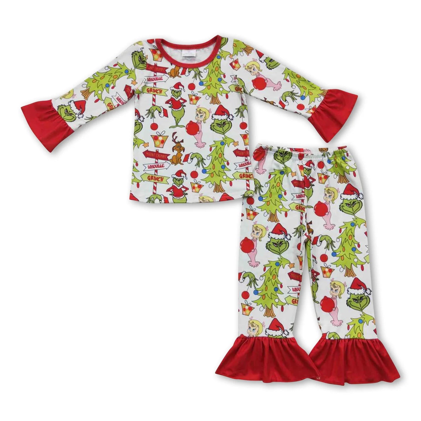 RTS NO MOQ Sibling milk silk Baby Girls Christmas Santa Milk Long Sleeve Top Pants Pajamas Set