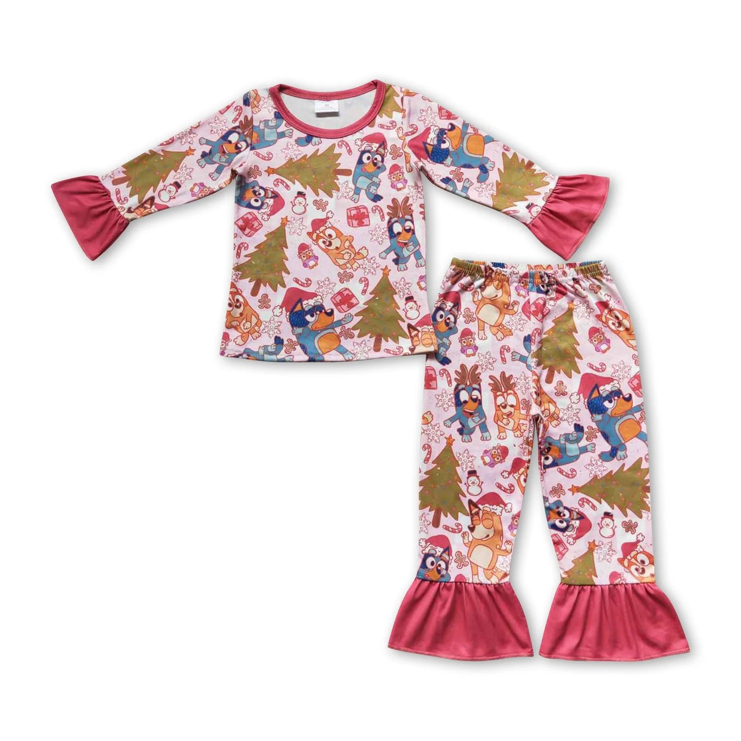 RTS NO MOQ Sibling milk silk Baby Girls Christmas Santa Milk Long Sleeve Top Pants Pajamas Set
