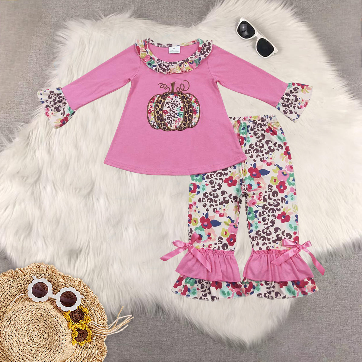 RTS NO MOQ Sibling Baby Girls embroidery pumpkin Long Sleeve Pants Set