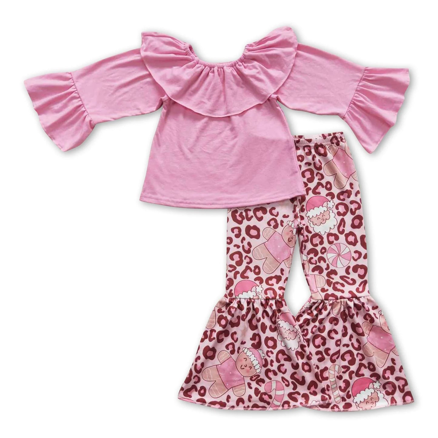 RTS NO MOQ Sibling milk silk Baby Girls Christmas Long Sleeve Top Bell Bottom Pants Clothes Set