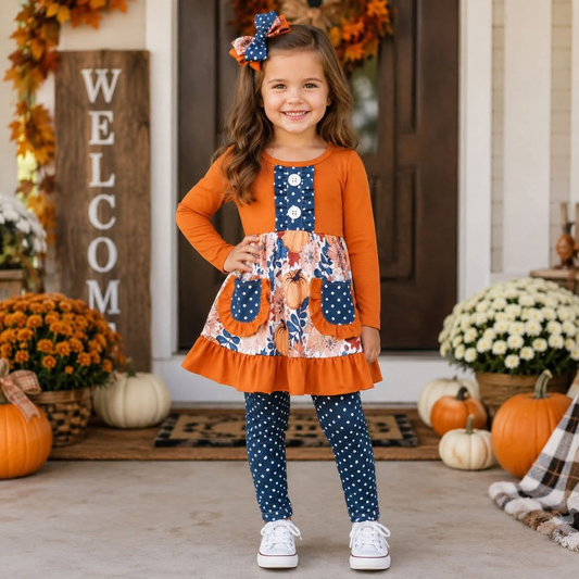 RTS NO MOQ GLP0682 Pumpkin flower brown lace pocket long sleeve polka dot green trousers set