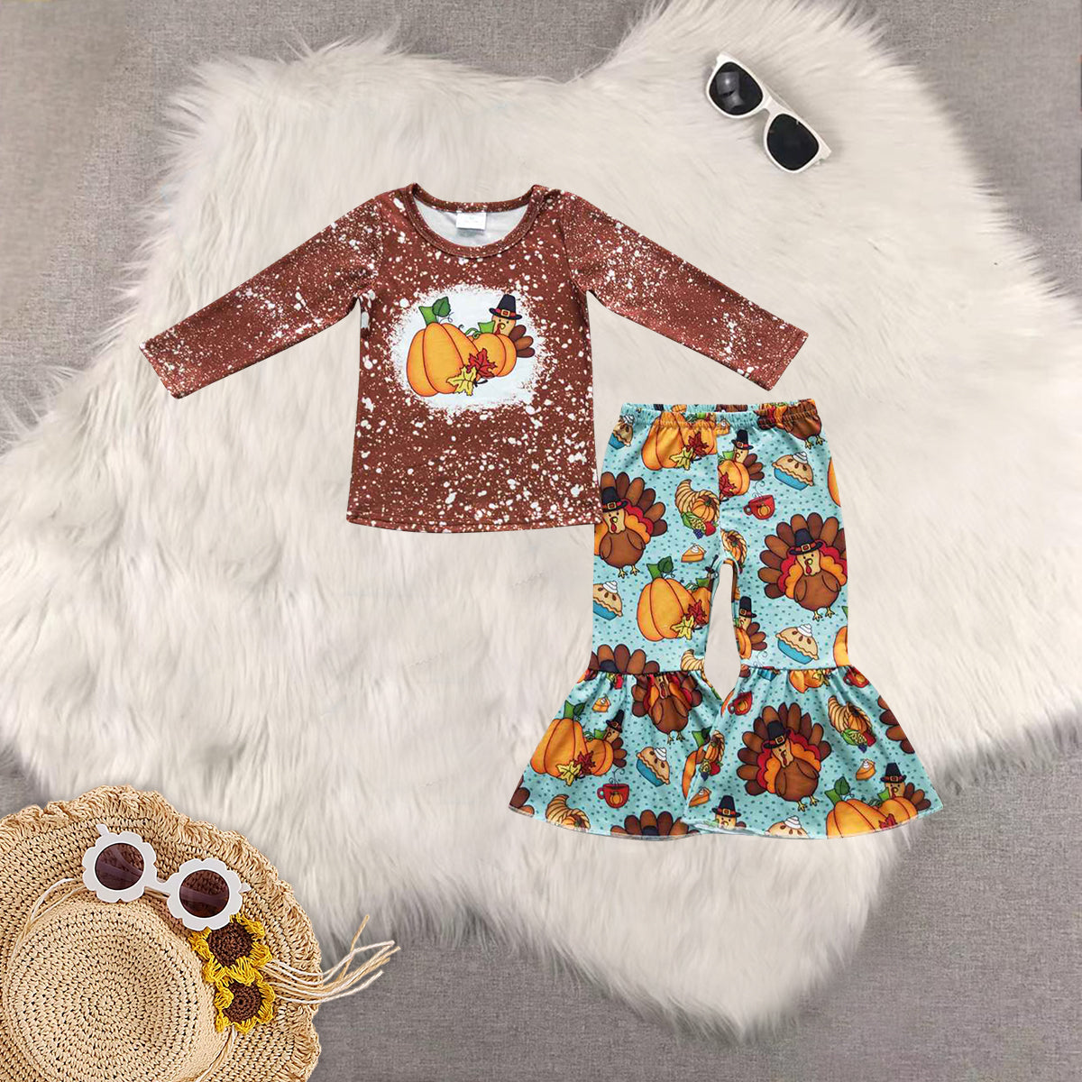 RTS NO MOQ Sibling Baby Girls turkey Long Sleeve Pants Set
