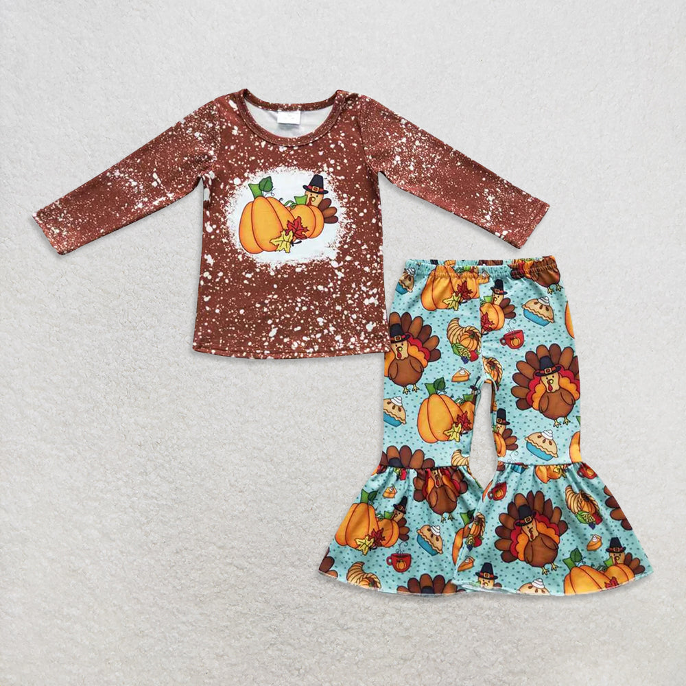 RTS NO MOQ Sibling Baby girls clothes thanksgiving turkey long-sleeved trousers suit & rompers