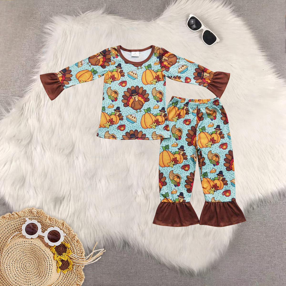 RTS NO MOQ Sibling Baby Girls turkey Long Sleeve Pants Set