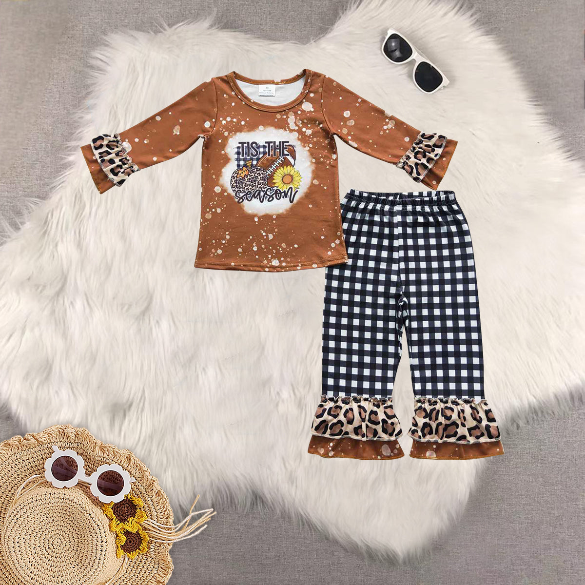 RTS NO MOQ Sibling baby girls clothes leopard pumpkin brown long-sleeved trousers suit & romper