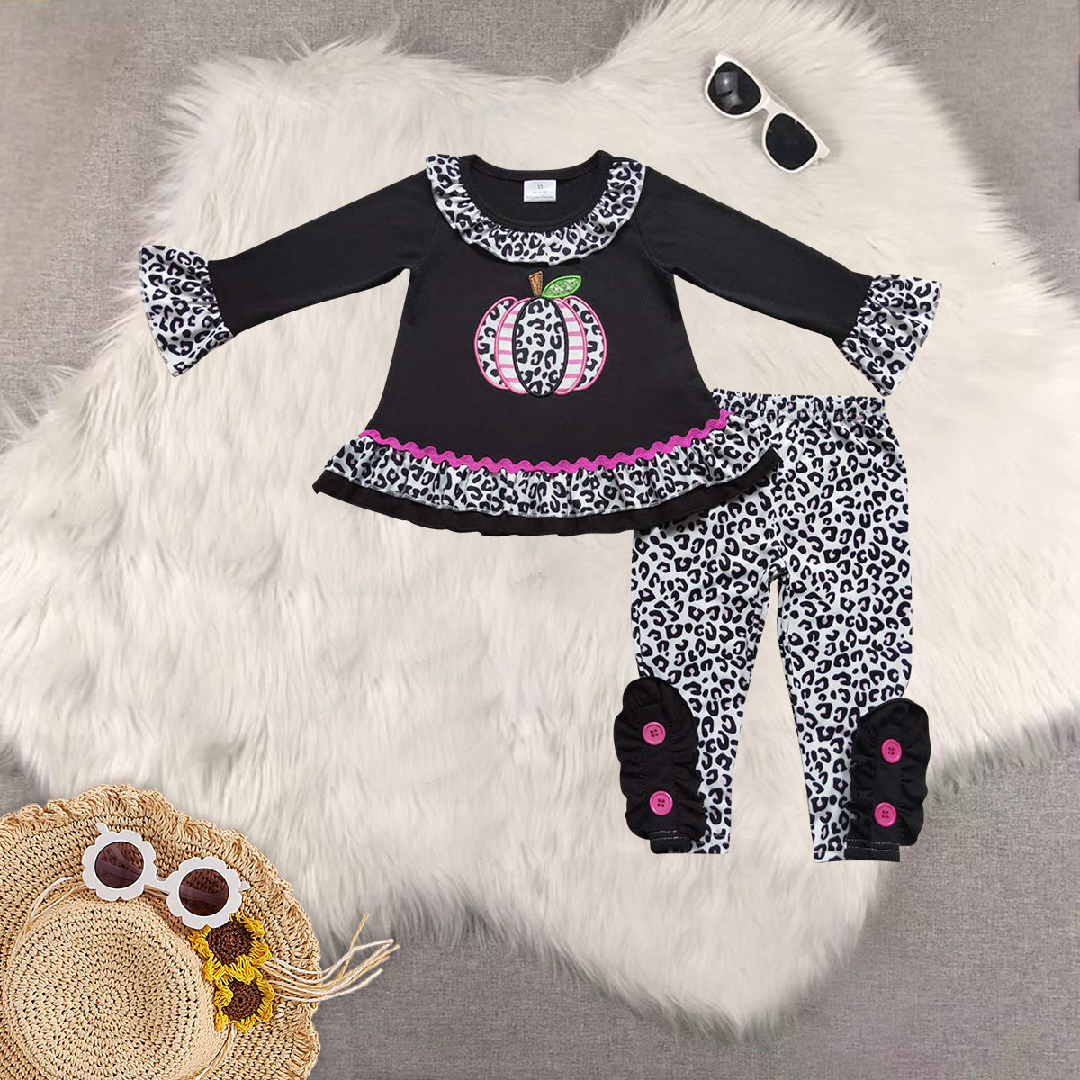 RTS NO MOQ Sibling Baby girls embroidery halloween pumpkin long-sleeved trousers suit & romper