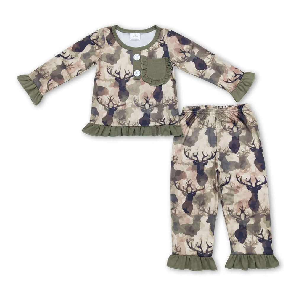 RTS NO MOQ Sibling milk silk Baby Boys Girls Deer Camo Long Sleeve Ruffle Top Pants Pajamas Set And Zipper Romper