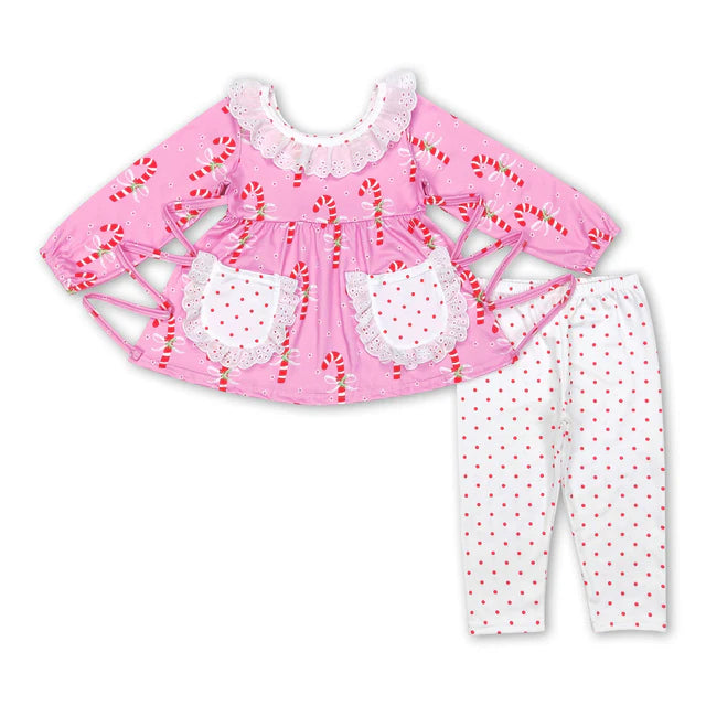 RTS Sibling Baby Girls Santa Candy Cane Trees Pockets Button Tunic Pants Christmas Clothes Sets