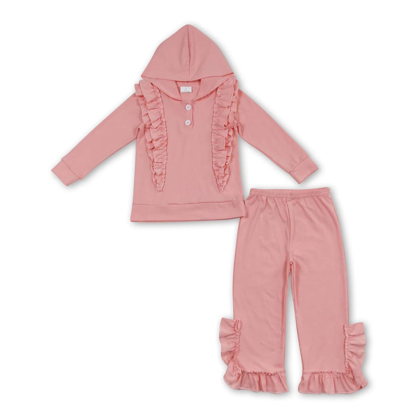 RTS NO MOQ Sibling cotton Baby Girls Solid Color Hooded Ruffle Long Sleeve Top And Bell Bottom Pants Set