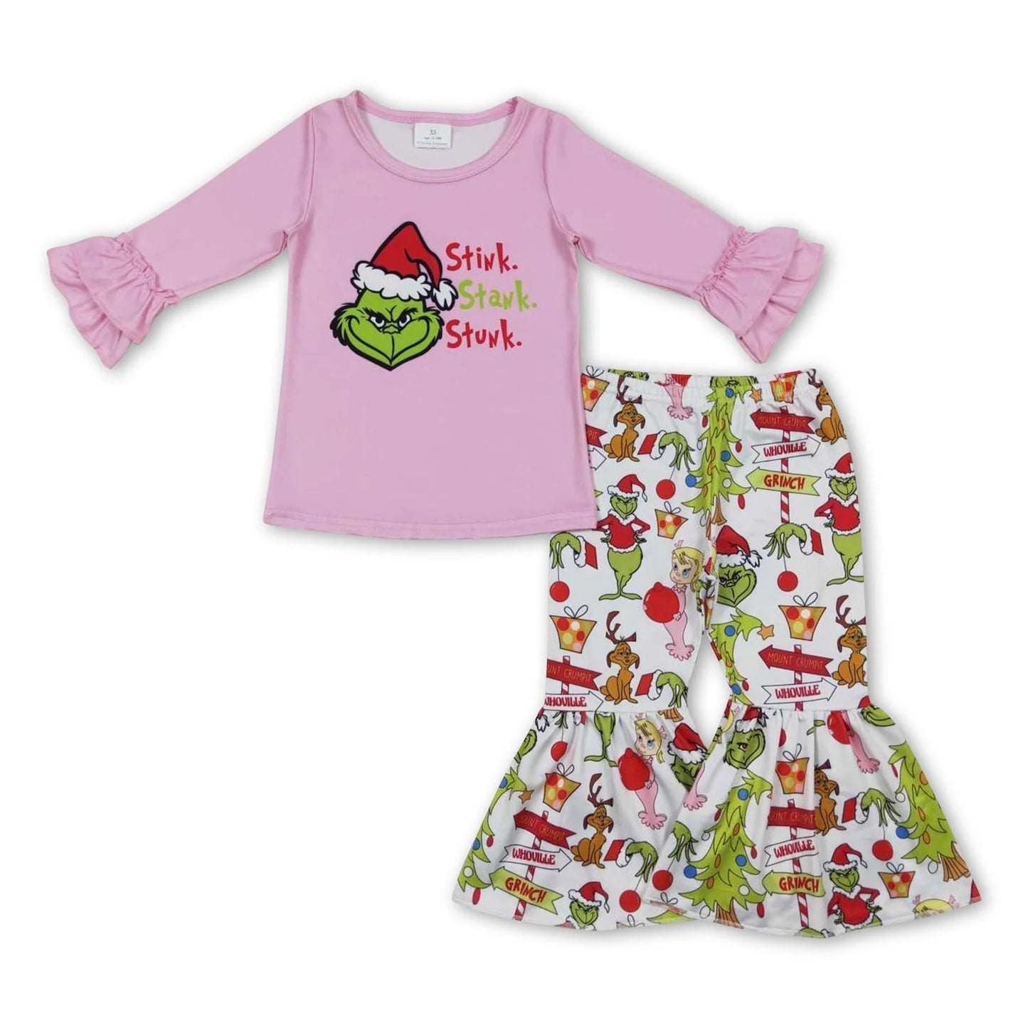 RTS NO MOQ Sibling milk silk Baby Girls Christmas Santa Long Sleeve Top Bell Pants Matching Holiday Clothes Set