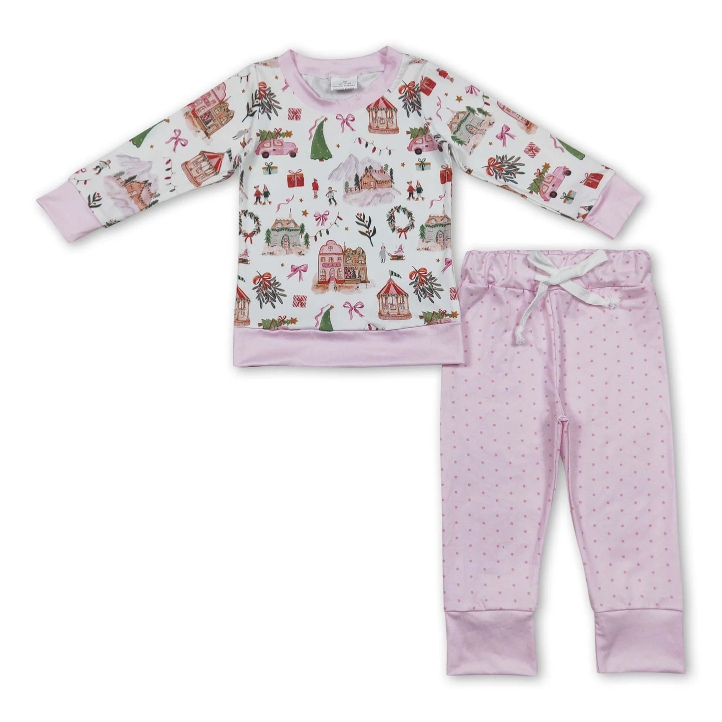 RTS NO MOQ Sibling milk silk Baby Girls Christmas Print Long Sleeve Top Pants Pajamas Set