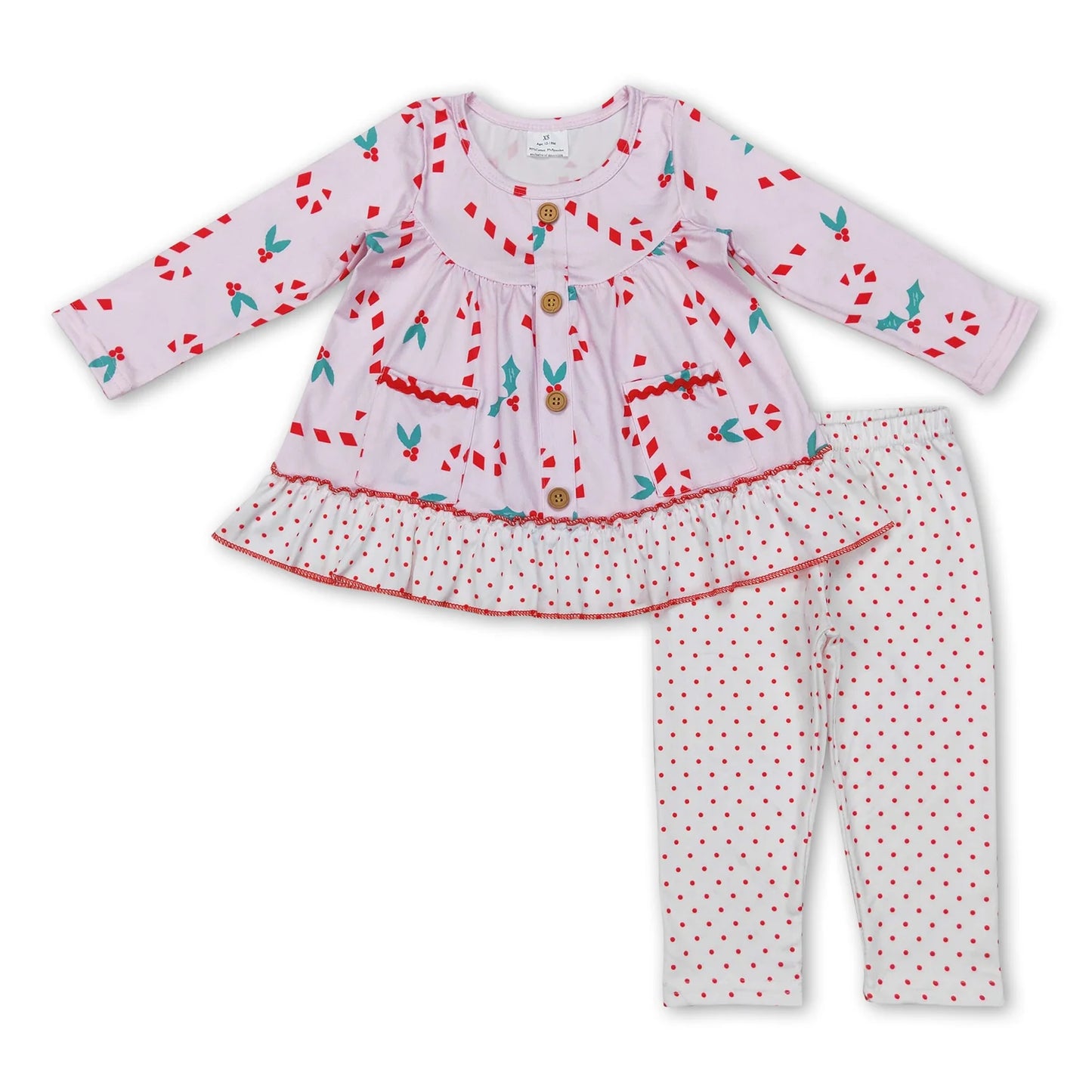 RTS NO MOQ Sibling milk silk Baby Girls Christmas Candy Cane Polka Dot Long Sleeve Tunic Top Leggings Holiday Outfit Set