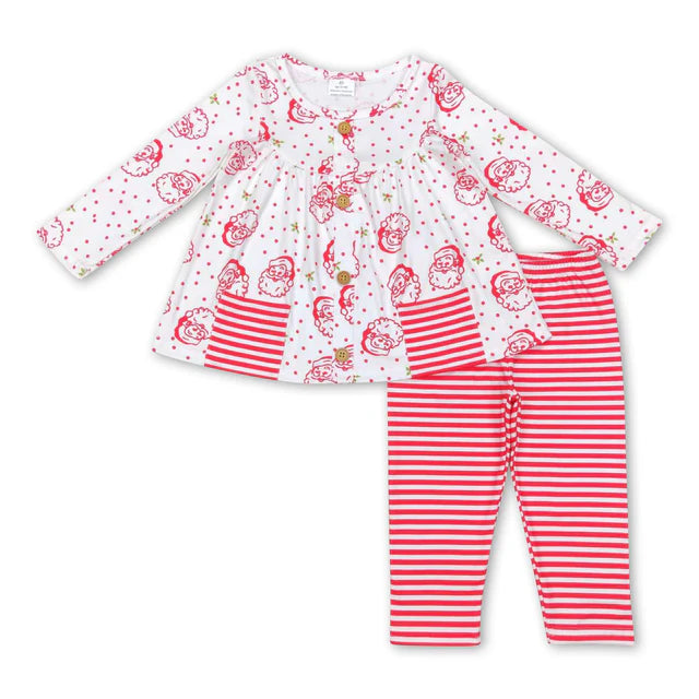 RTS Sibling Baby Girls Santa Candy Cane Trees Pockets Button Tunic Pants Christmas Clothes Sets