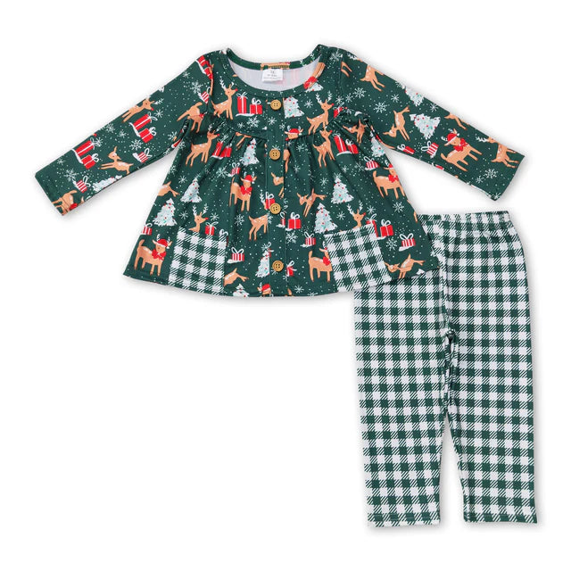 RTS Sibling Baby Girls Santa Candy Cane Trees Pockets Button Tunic Pants Christmas Clothes Sets