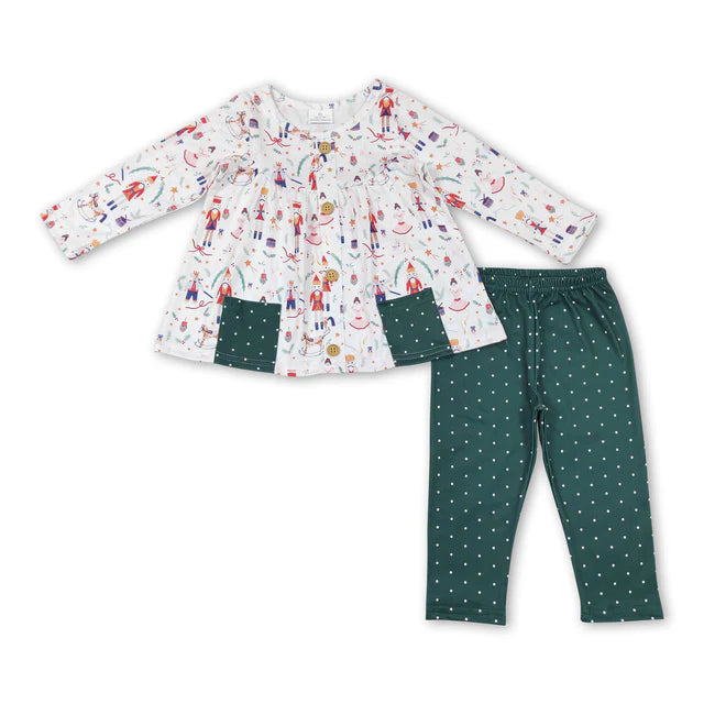 RTS Sibling Baby Girls Santa Candy Cane Trees Pockets Button Tunic Pants Christmas Clothes Sets