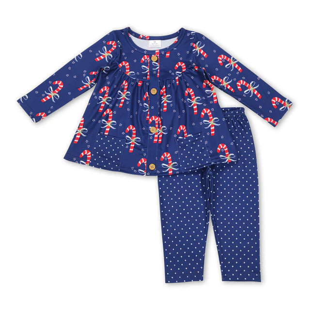 RTS Sibling Baby Girls Santa Candy Cane Trees Pockets Button Tunic Pants Christmas Clothes Sets