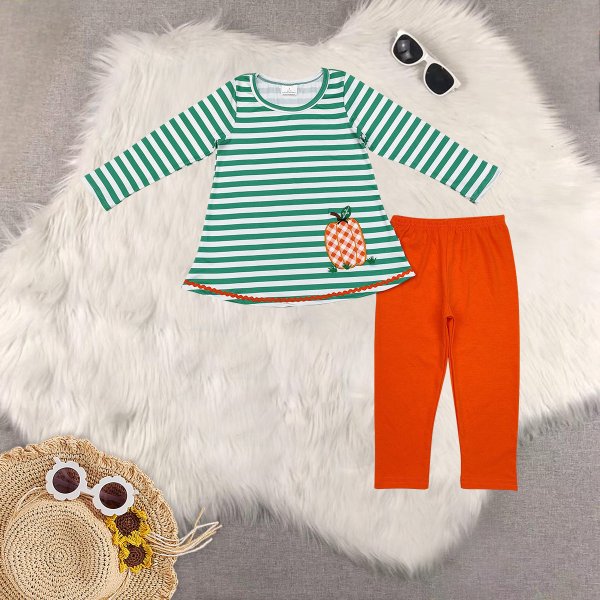 RTS NO MOQ Sibling Baby Girls embroidery pumpkin Long Sleeve Pants Set
