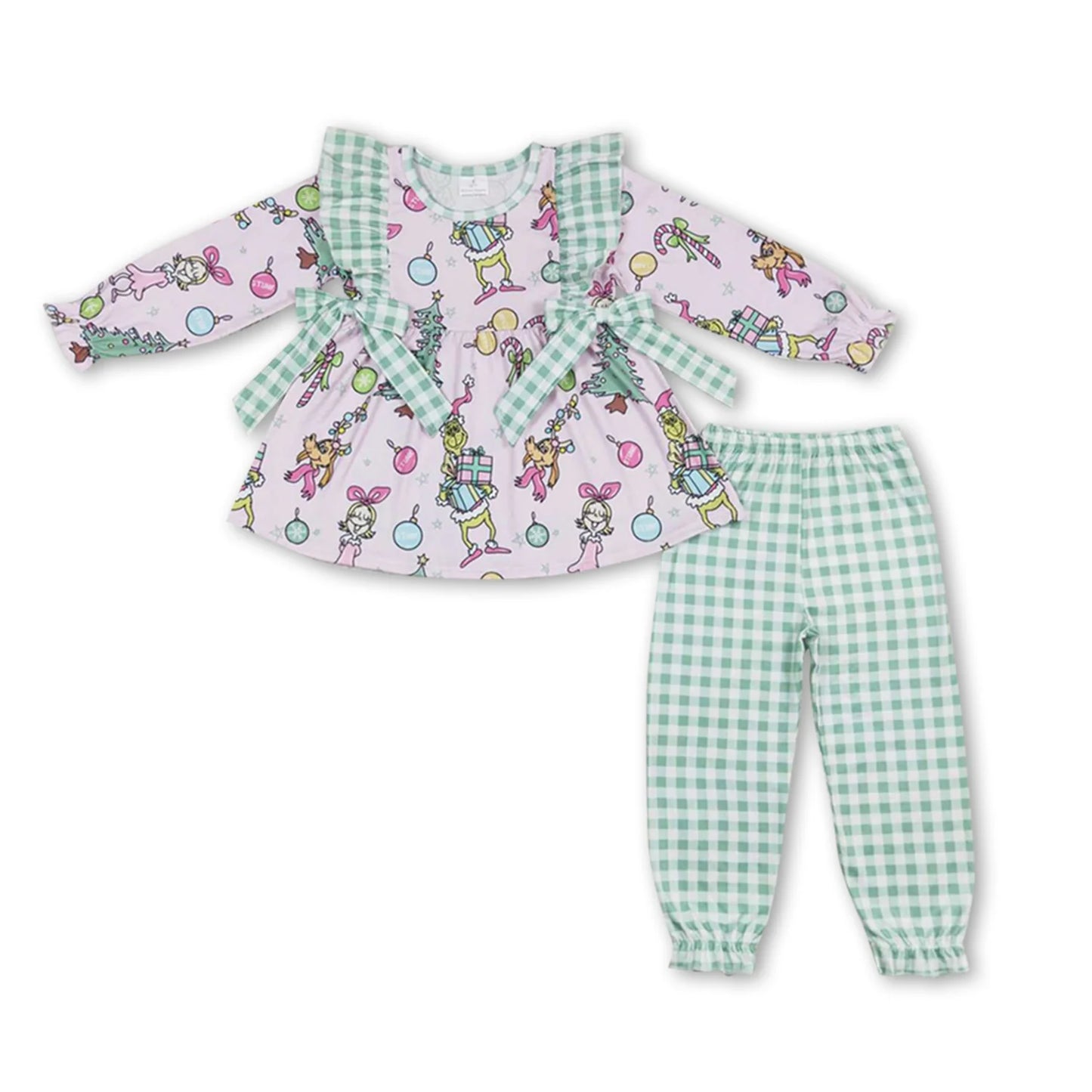 RTS NO MOQ Sibling milk silk Cute Clothes Baby Girls Pink Christmas Bows Tunic Pants Clothes Sets Romper Dress