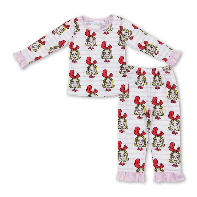 RTS NO MOQ Sibling milk silk Baby Girls Christmas Red Flowers Smile Print Top Pants Bamboo Pajamas Clothes Set