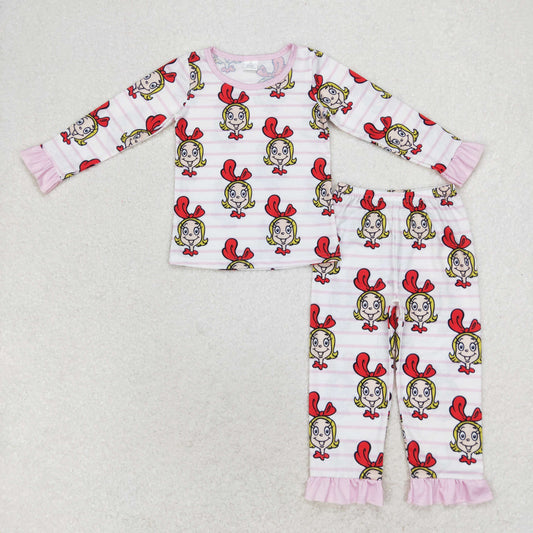 bamboo rts no moq GLP1193 Grinch modal girl pink striped lace long-sleeved trousers pajama set