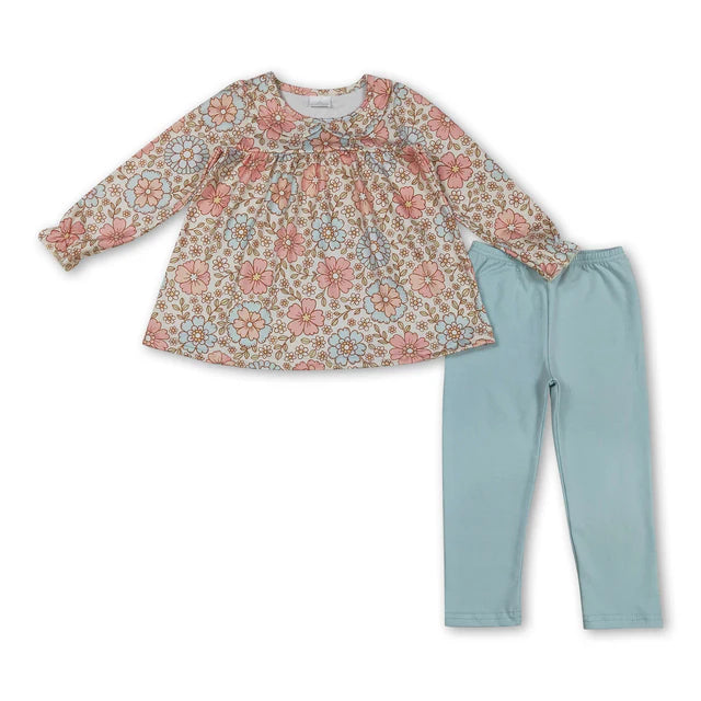 RTS NO MOQ Sibling Baby Girls Colorful Flowers Collar Tunic Leggings  Clothes Sets