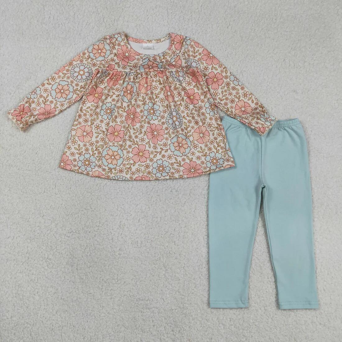 RTS NO MOQ Sibling Baby Girls Colorful Flowers Collar Tunic Legging Pants Set