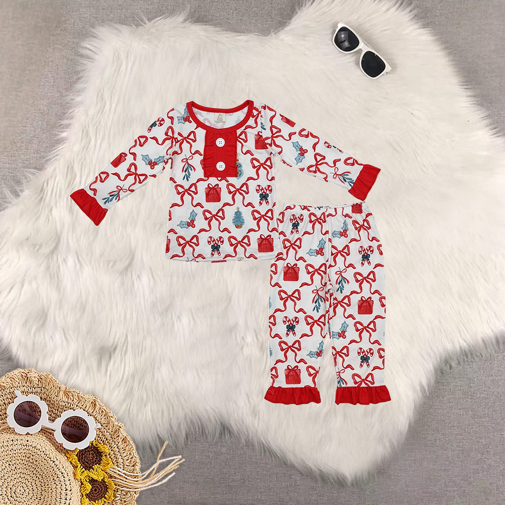 RTS NO MOQ Sibling baby girls clothes Christmas bow gifts red long-sleeved trousers suit & dress