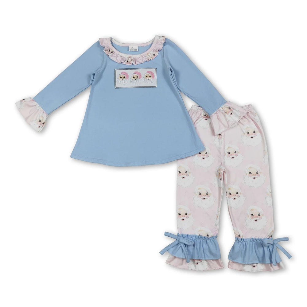 RTS NO MOQ Sibling milk silk Baby Girls Pink Santa Print Long Tunic Top Leggings Two Piece Christmas Holiday Clothes Set