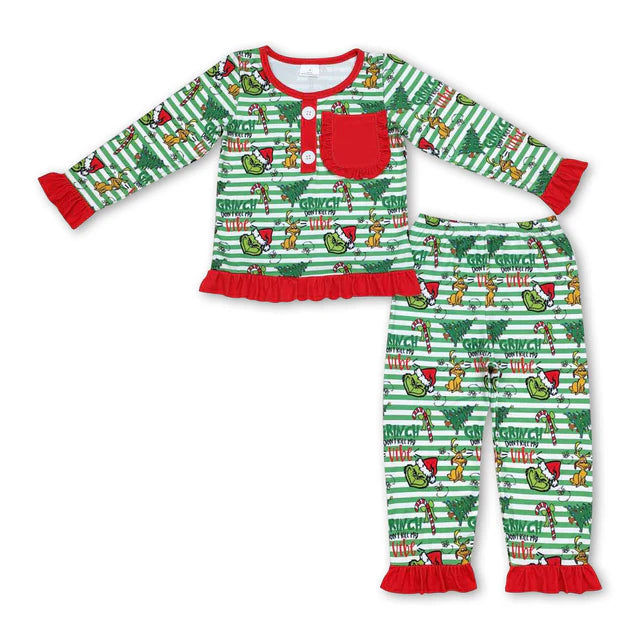 RTS NO MOQ Sibling milk silk Baby Girls Christmas Pocket Shirt Pants Pajamas Clothes Sets