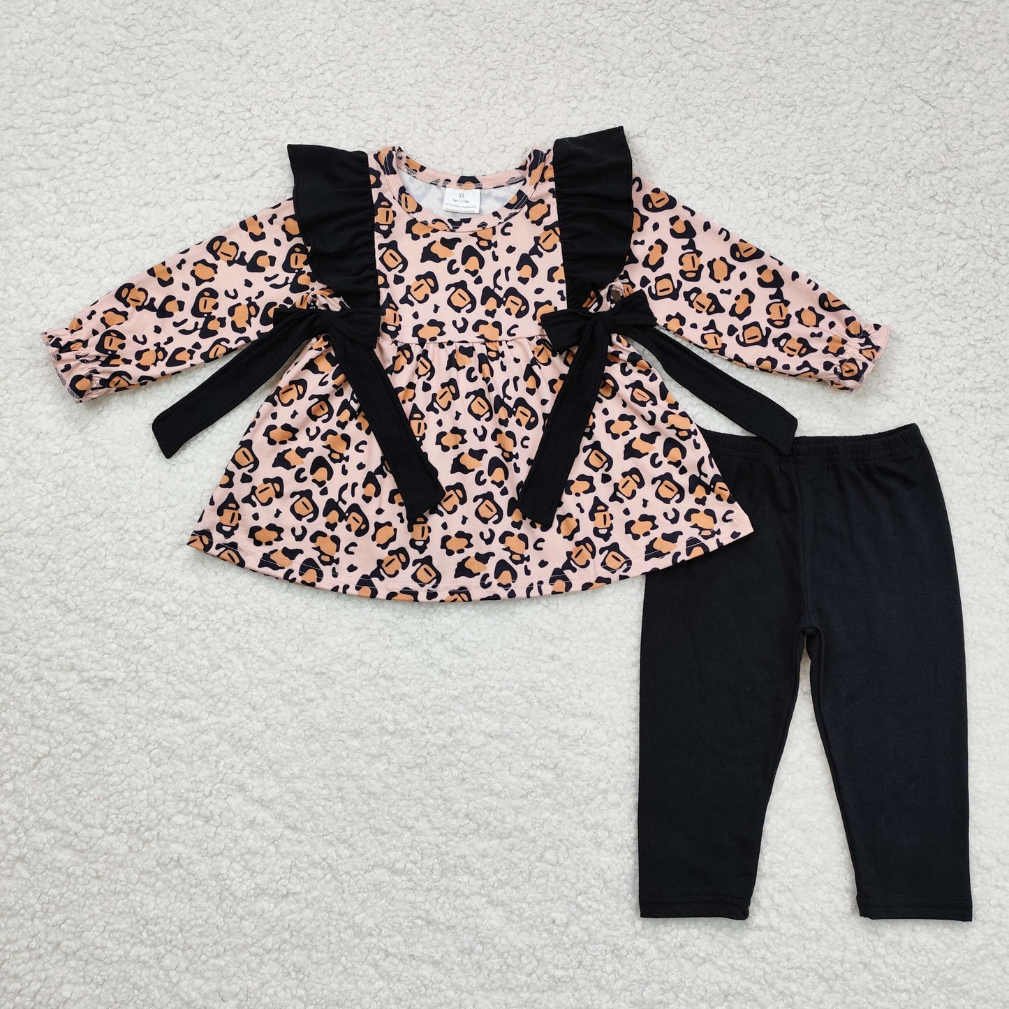 RTS NO MOQ GLP1238 Leopard print black bow long sleeve long pants set