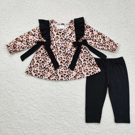 RTS NO MOQ GLP1238 Leopard print black bow long sleeve long pants set