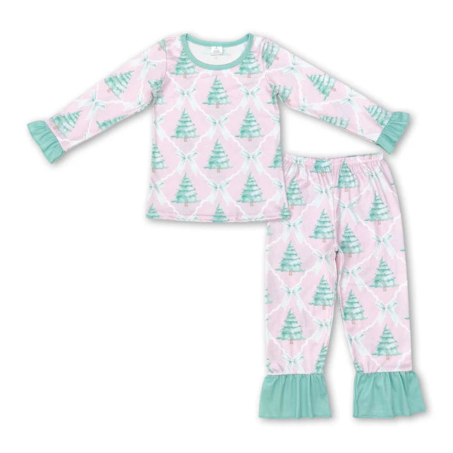 RTS NO MOQ Sibling milk silk Baby Girls Christmas Tree And Cake Print Shirt Pants Bamboo Pajamas Clothes Set
