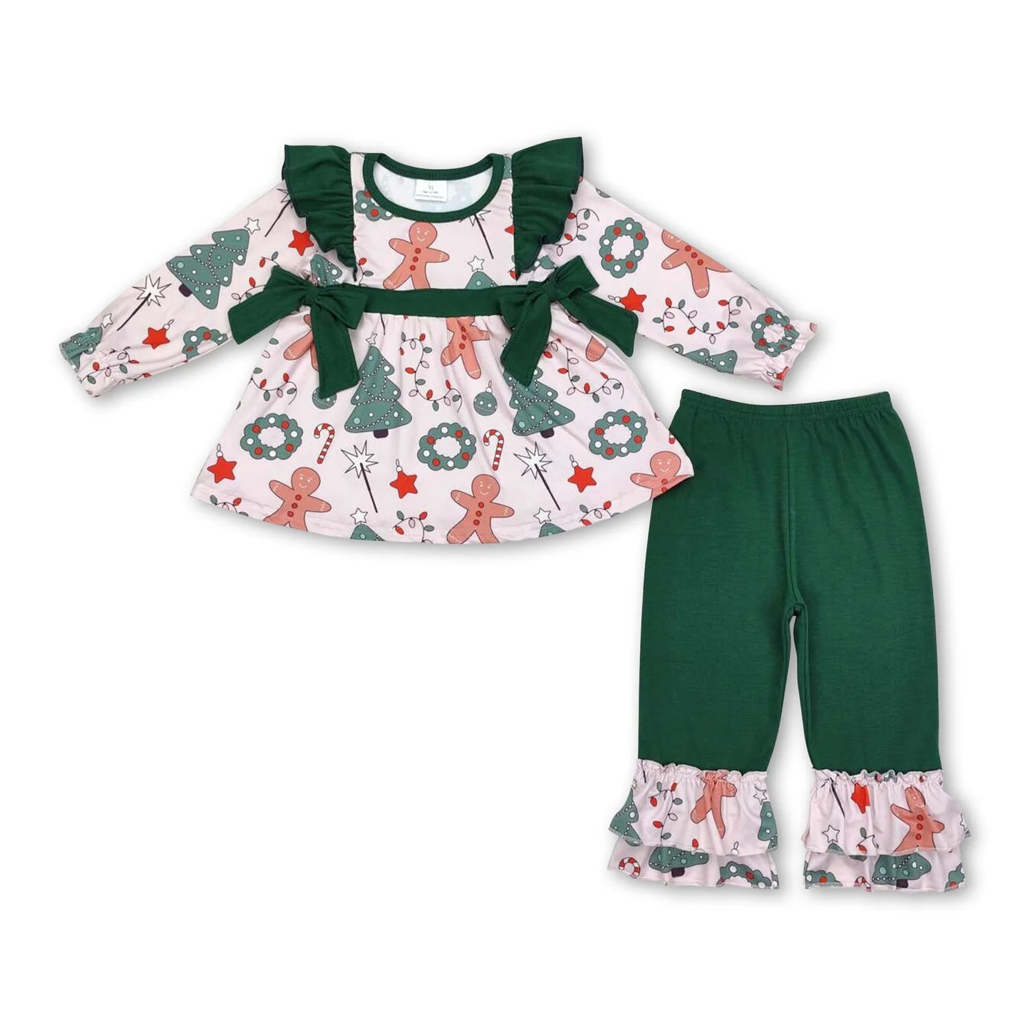 RTS NO MOQ Sibling milk silk Baby Girls Christmas Gingerbread Bow Print Long Sleeve Tunic Top And Ruffle Pants Set