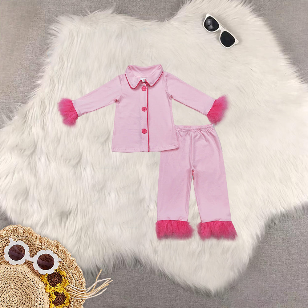 RTS NO MOQ Sibling Baby Girls Pink Plush Button Long Sleeve Long Pants Pajama Set