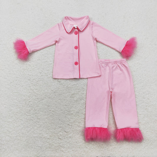 RTS NO MOQ ETA 5/7days arrived GLP1255 Pink long-sleeved trousers pajamas set with plush edges