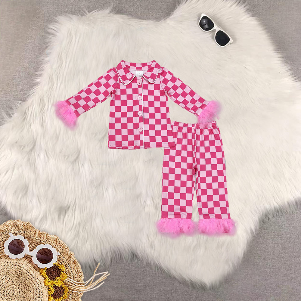 RTS NO MOQ Sibling Baby Girls Pink Plush Button Long Sleeve Long Pants Pajama Set