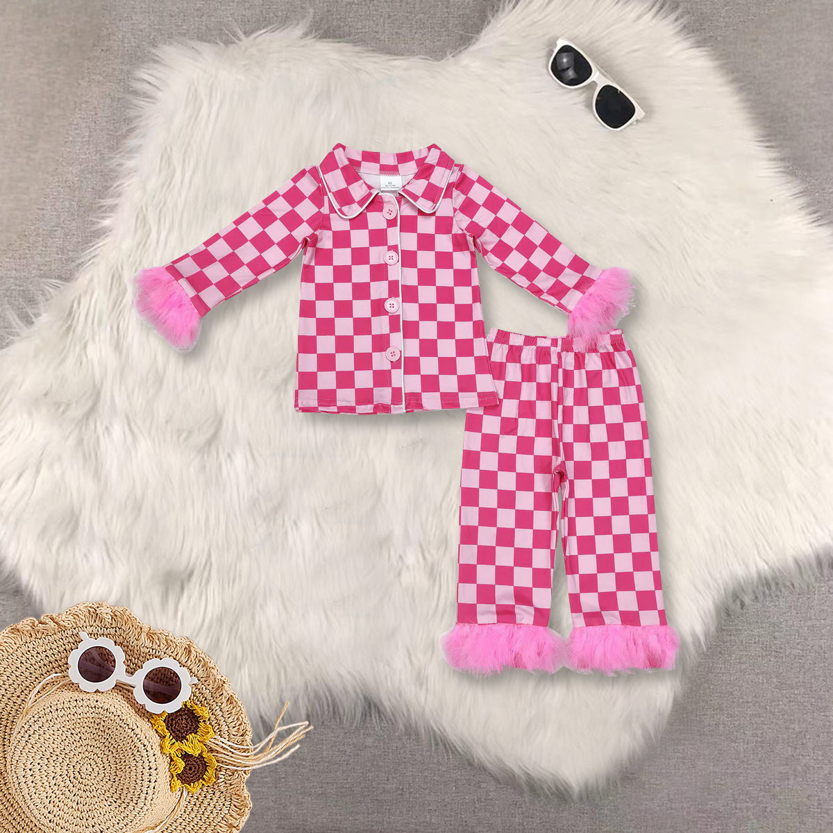 RTS NO MOQ Sibling baby girls clothes and adult clothes Pink plaid Plush Cuffs-Buttons Long Sleeves Pants Pajama Set: Adults & Children