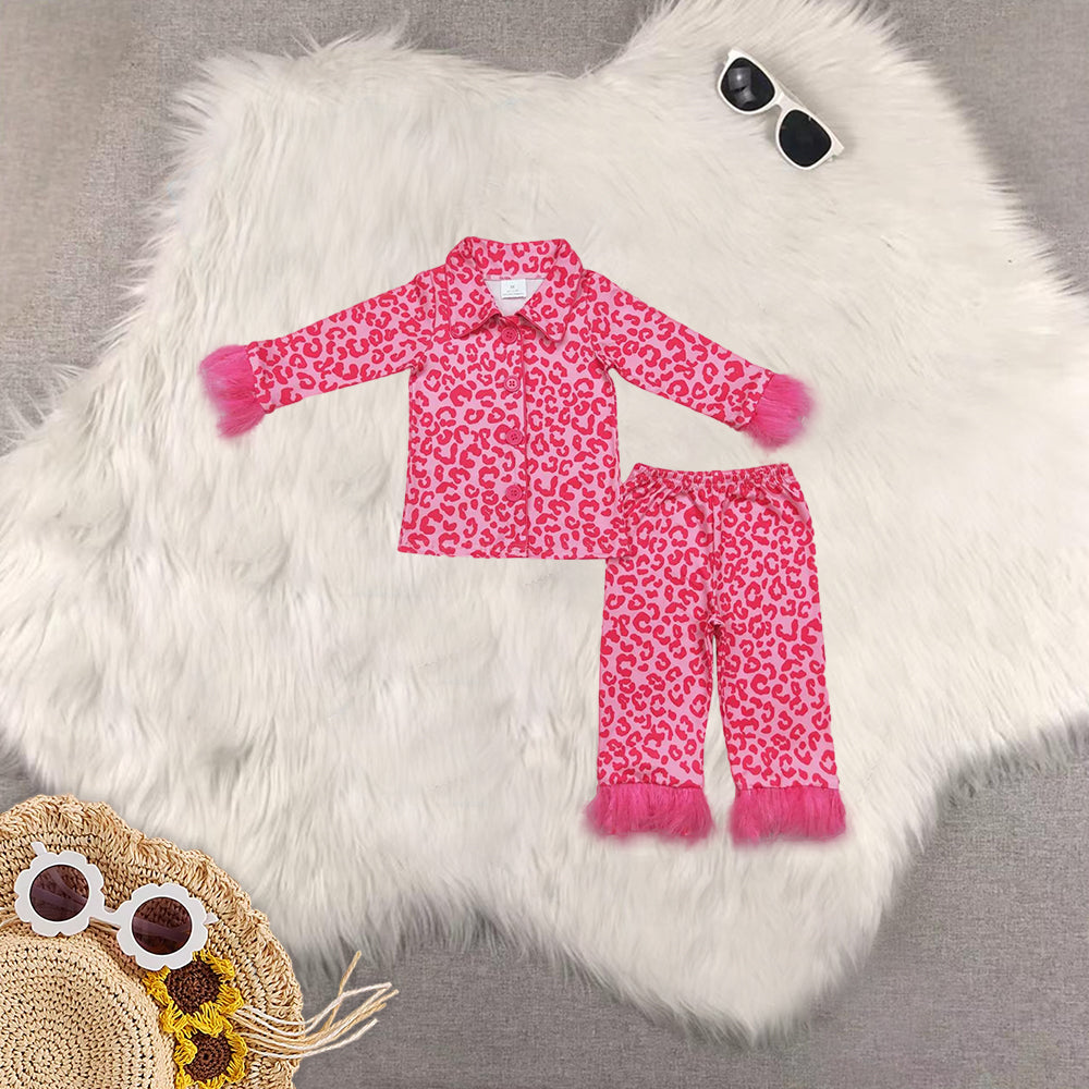 RTS NO MOQ Sibling Baby Girls Pink Plush Button Long Sleeve Long Pants Pajama Set