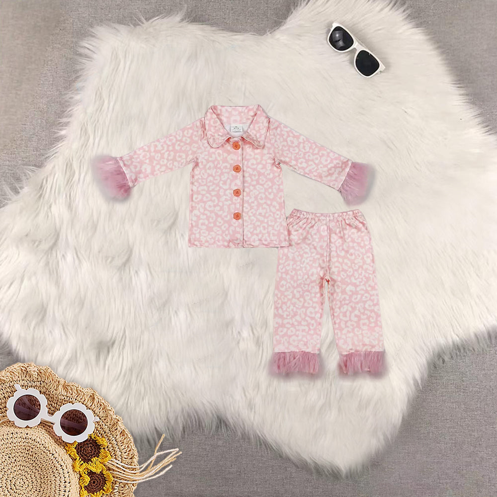 RTS NO MOQ Sibling Baby Girls Pink Plush Button Long Sleeve Long Pants Pajama Set