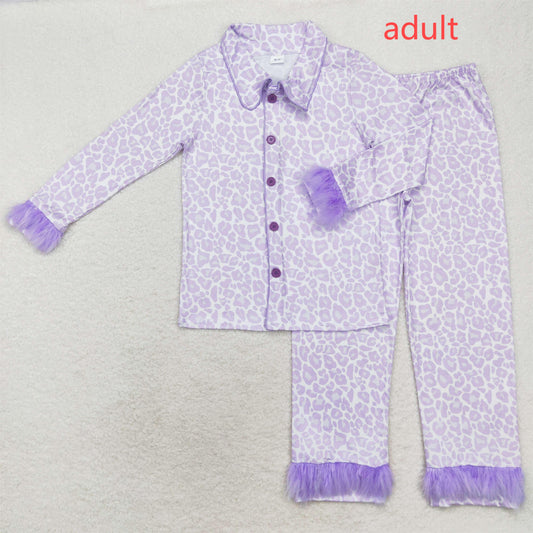 rts no moq GLP1263 Adult Female Plush Edge Leopard Print Purple Long Sleeve Pants Pajama Set