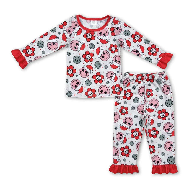 RTS NO MOQ Sibling milk silk Baby Girls Christmas Red Flowers Smile Print Top Pants Bamboo Pajamas Clothes Set