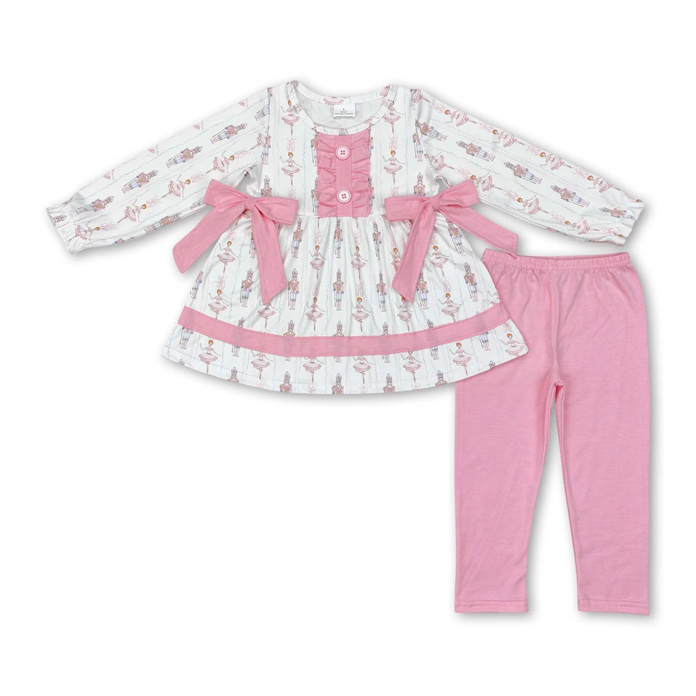 RTS NO MOQ Sibling milk silk Baby Girls Pink Santa Print Long Tunic Top Leggings Two Piece Christmas Holiday Clothes Set