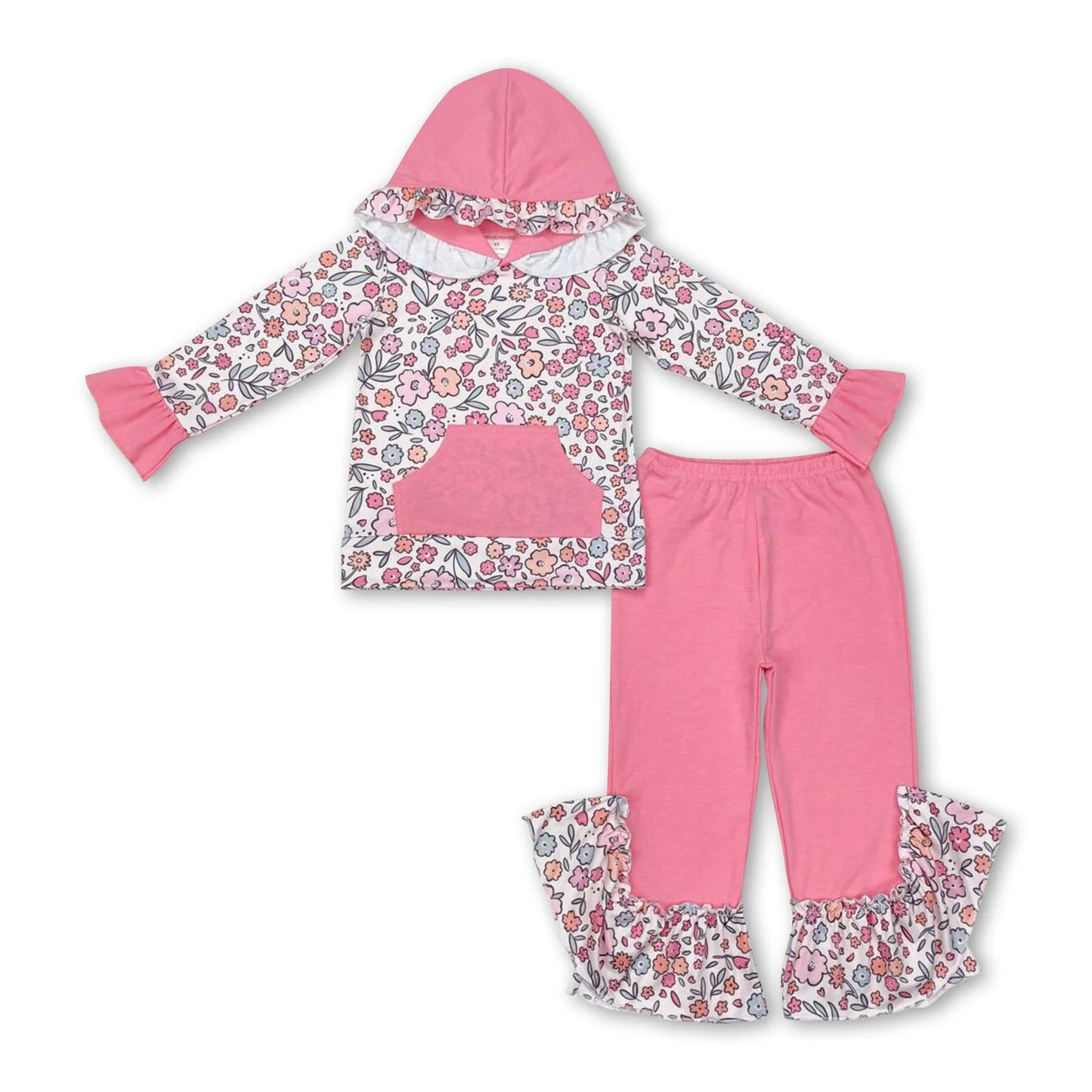 RTS NO MOQ Sibling milk silk Baby Girls Cute Hood Ruffle Top Bell Bottom Pants Clothes Set