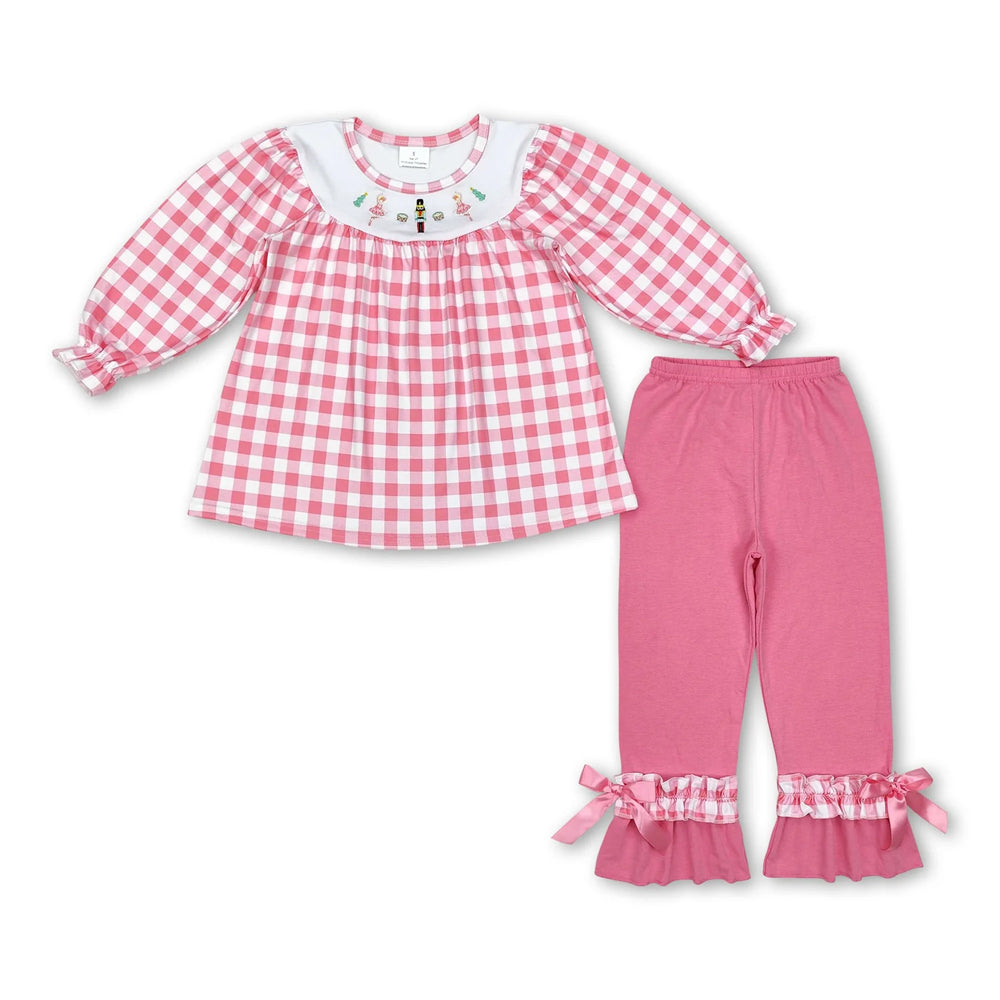 RTS NO MOQ Sibling milk silk Baby Girls Pink Santa Print Long Tunic Top Leggings Two Piece Christmas Holiday Clothes Set