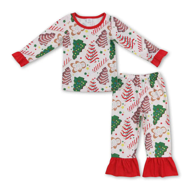RTS NO MOQ Sibling milk silk Baby Girls Christmas Tree And Cake Print Shirt Pants Bamboo Pajamas Clothes Set