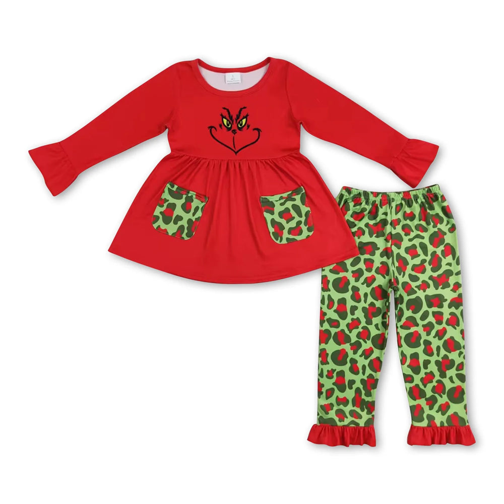 RTS NO MOQ Sibling milk silk Baby Girls Pink Santa Print Long Tunic Top Leggings Two Piece Christmas Holiday Clothes Set