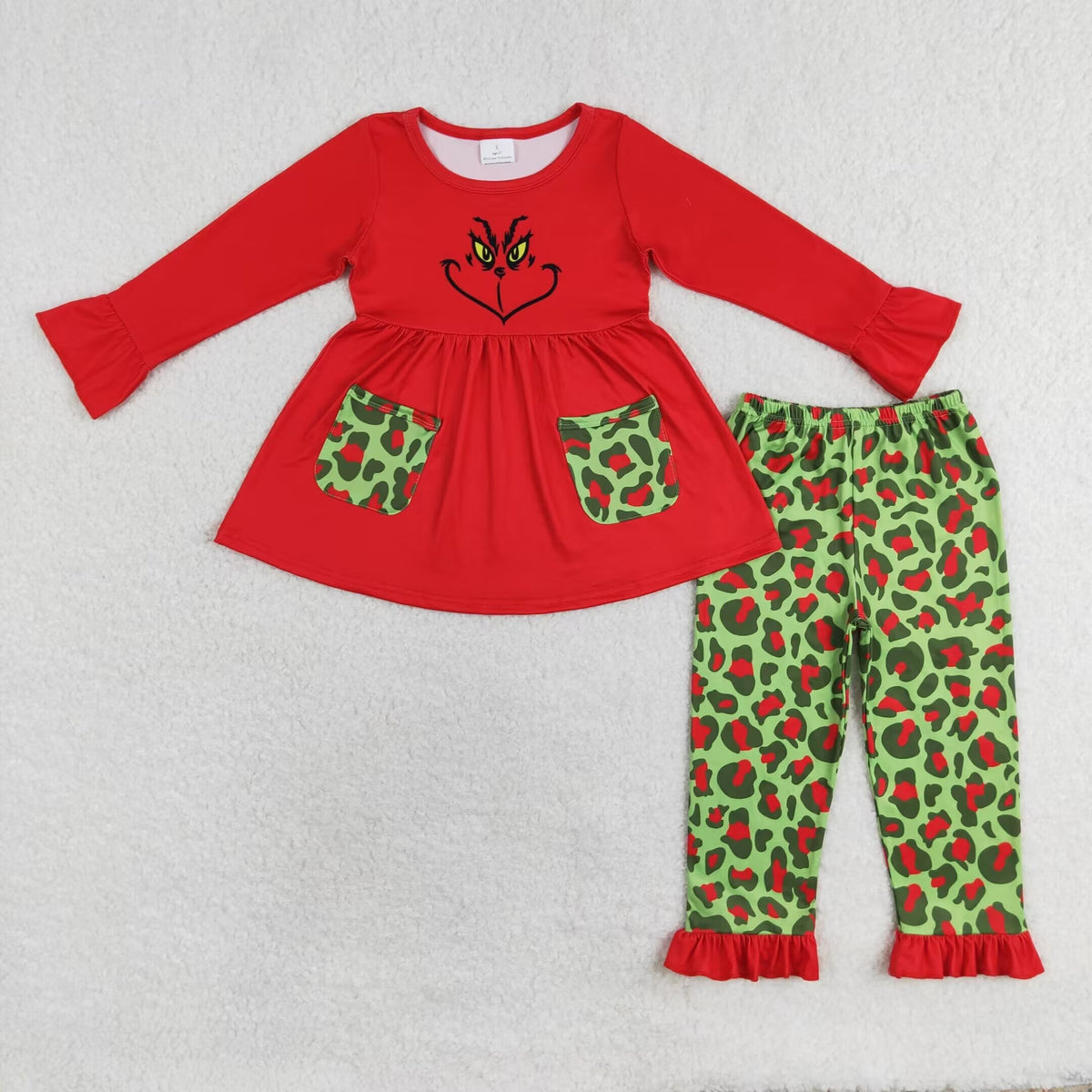 rts no moq GLP1322 girls red pocket red and green leopard print long-sleeved trousers set
